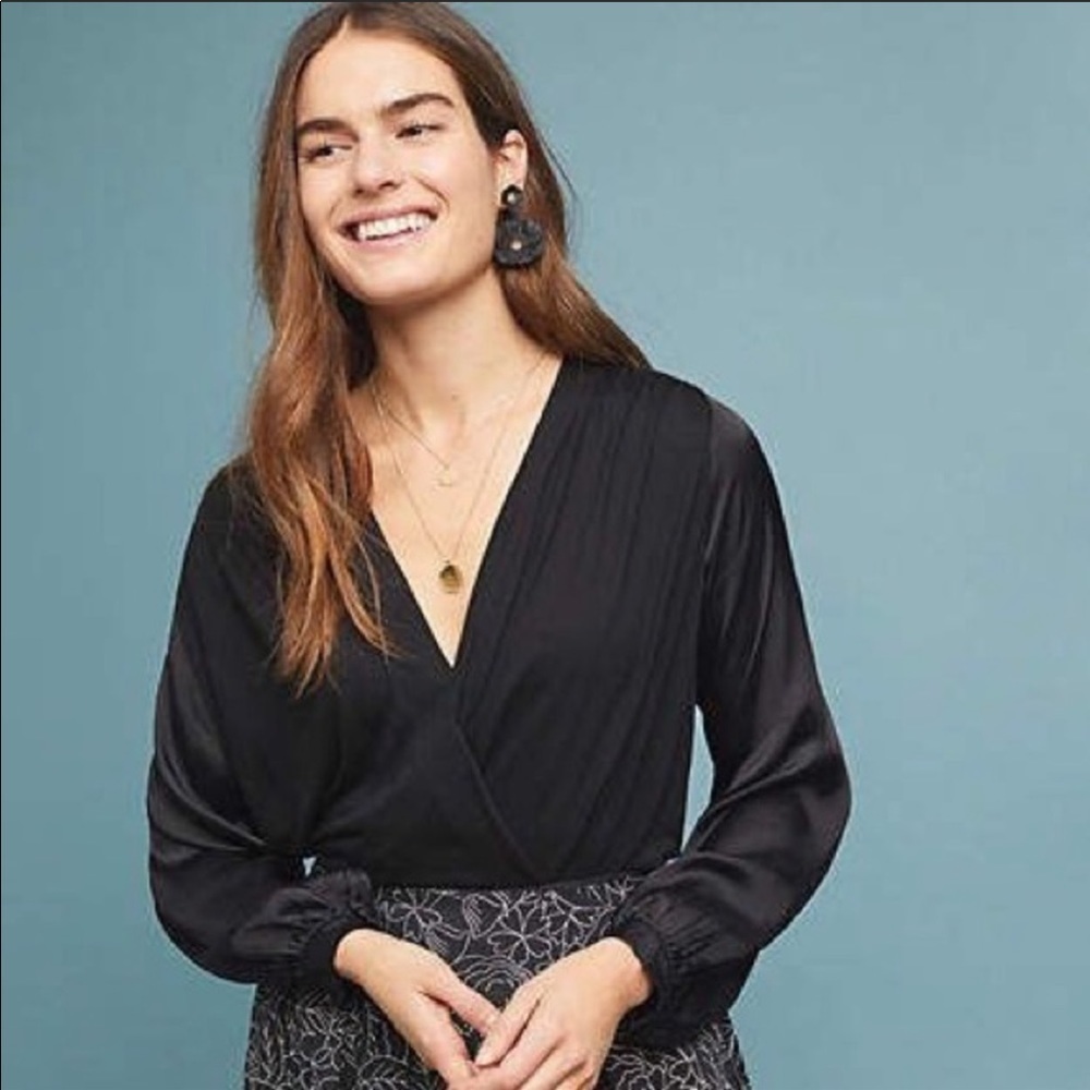 Anthropologie Kesia Black Faux Wrap Front Blouse